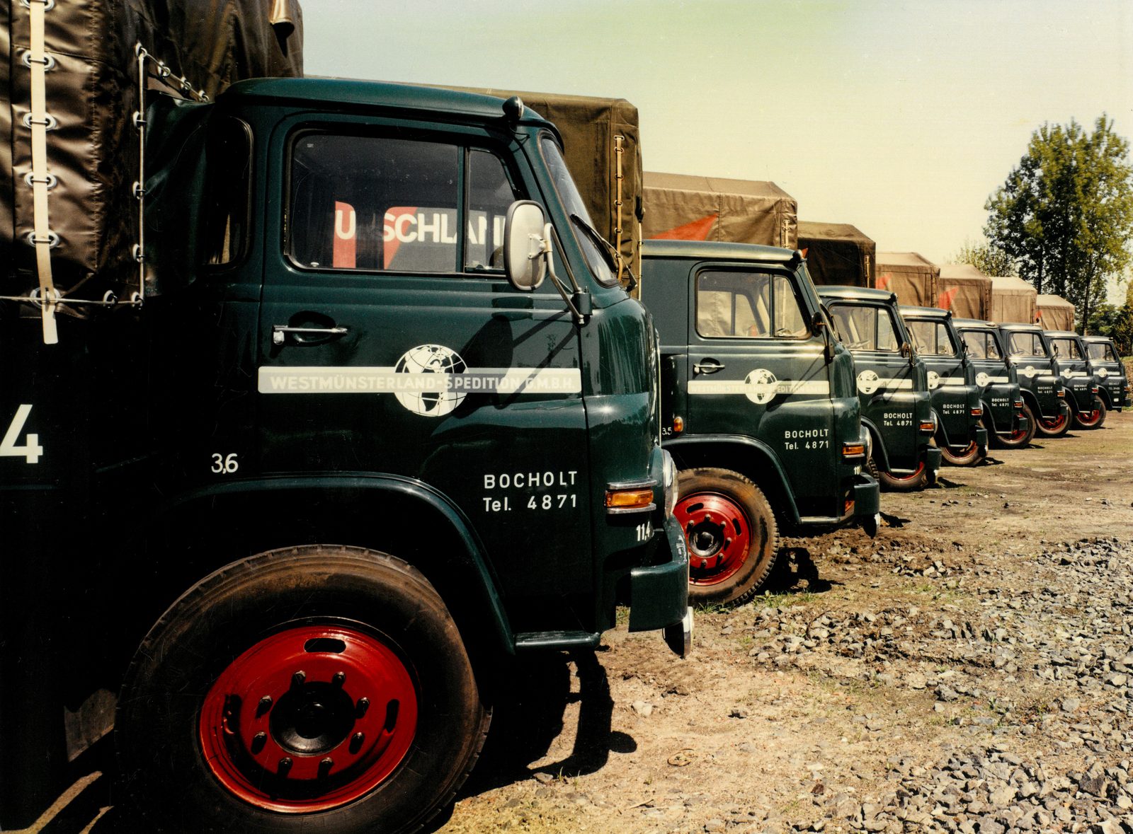 Historische Aufnahme: Aufgereihter Fuhrpark der Westmünsterland-Spedition, dunkelgrüne Planen-Lkw mit dem Schriftzug „Bocholt, Tel. 4871".